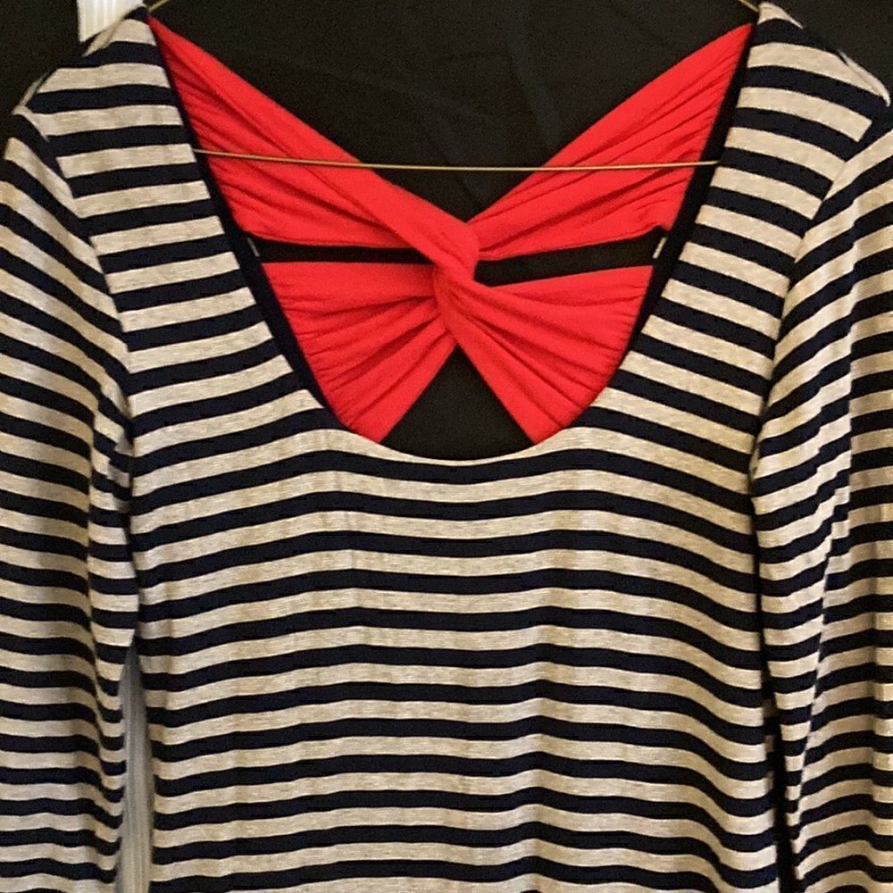 B44 Dressed, Gray/Black Stripe, 3/4 Sleeve Dress with Red Twist back detail. - Picture 2 of 8